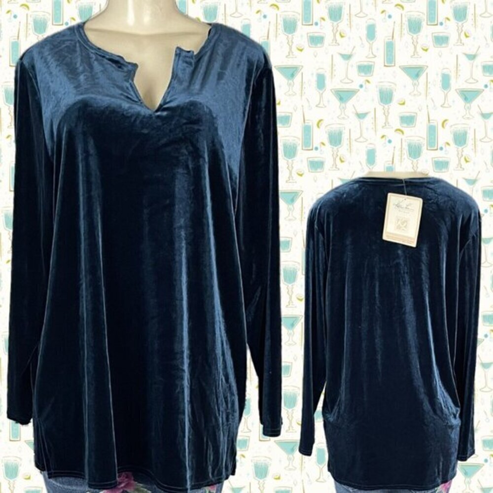 Kathie Lee +14/16W Midnight Teal Blue Velour Split Neck Long Sleeve Holiday Top